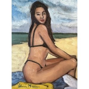 original impressionist painting Beach Surf Girl Figure Pose Hawaii Signed